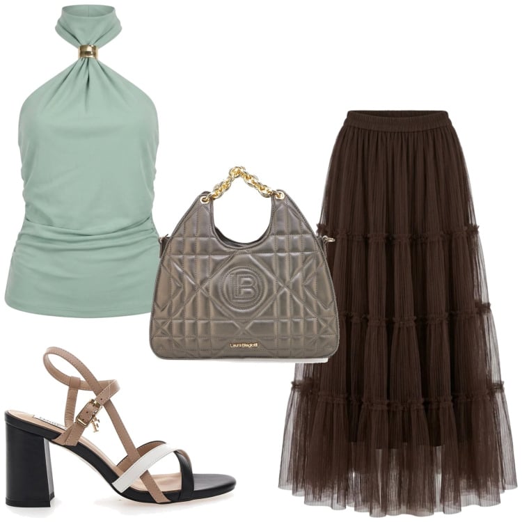Outfit donna - Eleganza e leggerezza. Stile Glamour per Serata fuori. Abbinamento con top, gonne lunghe, sandali col tacco, borse a mano.