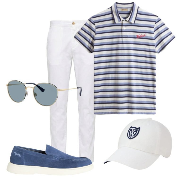Outfit uomo - Coastal. Stile Trendy per Tutti i giorni. Abbinamento con pantaloni chino, scarpe stringate, polo, occhiali da sole, cappelli con visiera.
