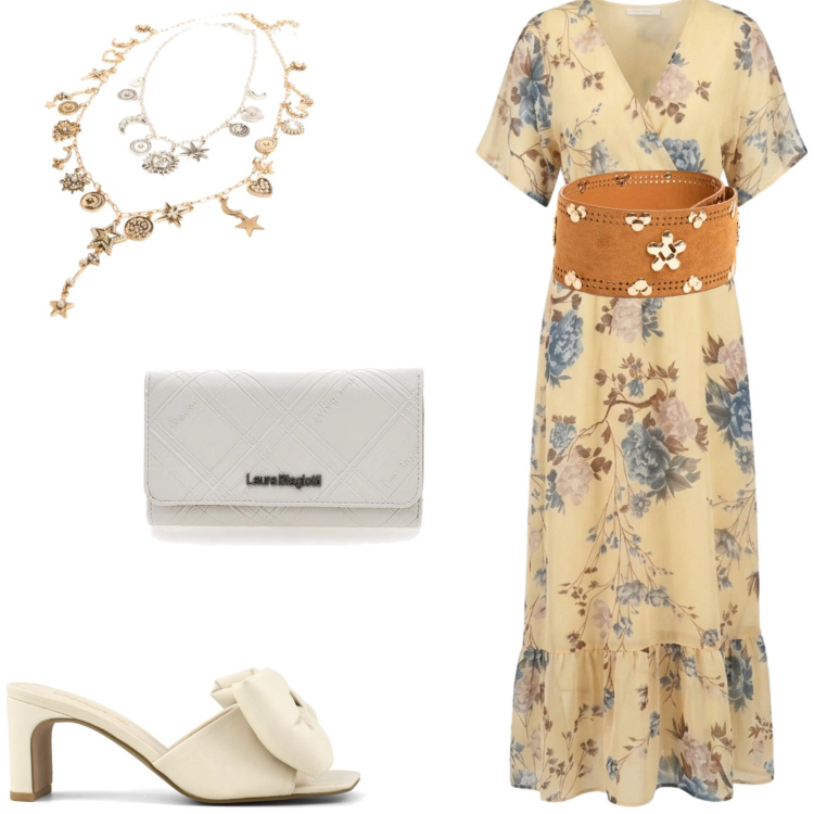 Outfit donna - Outfit per una cerimonia. Stile Glamour per Cerimonia. Abbinamento con ciondoli, vestiti lunghi, cinture, sandali col tacco, portafogli.