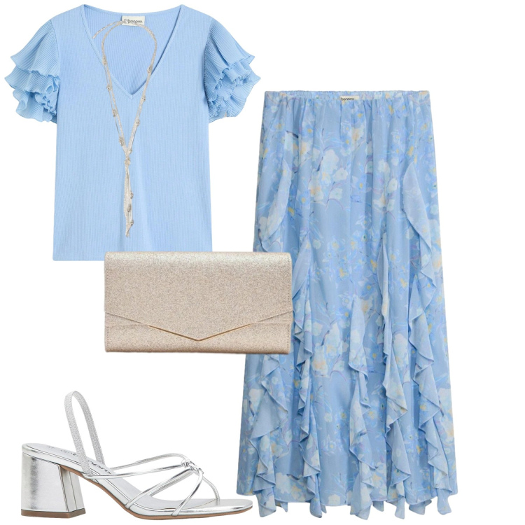 Outfit donna - Cielo. Stile Casual chic per Tutti i giorni. Abbinamento con bluse, gonne lunghe, sandali col tacco, clutch, collane.