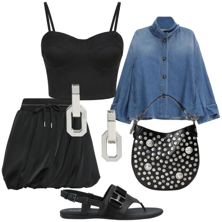 Outfit donna - Total look #2423424. Stile Trendy per Serata fuori. Abbinamento con infradito, minigonne, blazer, top, orecchini, borse a mano.