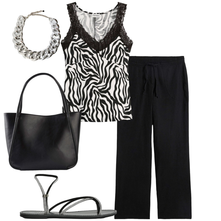 Outfit donna - City. Stile Casual chic per Tutti i giorni. Abbinamento con top, pantaloni a palazzo, shopping bag, sandali, collane.
