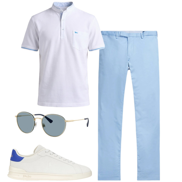 Outfit uomo - City. Stile Casual per Tutti i giorni. Abbinamento con polo, sneakers, pantaloni, occhiali da sole.