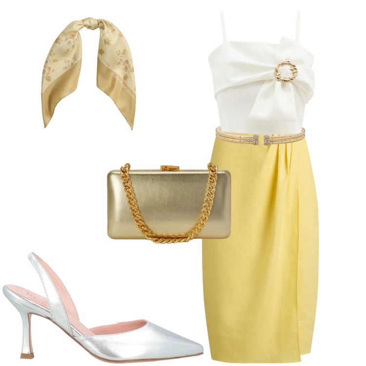 Outfit donna - Golden. Stile Chic per Serata fuori. Abbinamento con décolleté, top, gonne, foulard, clutch, braccialetti.