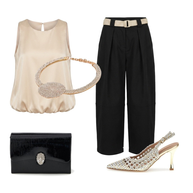 Outfit donna - Dettagli luminosi. Stile Chic per Cerimonia. Abbinamento con collane, pantaloni, top, décolleté, pochette.
