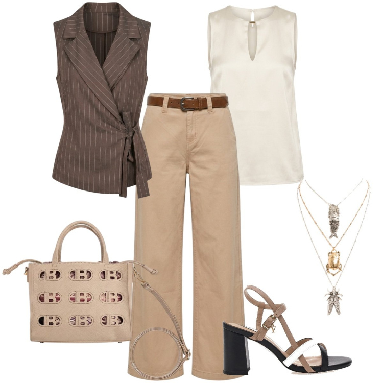 Outfit donna - La giacca smanicata. Stile Casual chic per Tutti i giorni. Abbinamento con ciondoli, gilet, top, pantaloni, sandali col tacco, borse a mano.