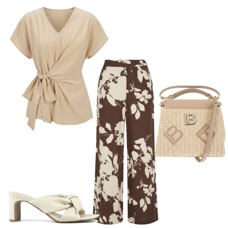 Outfit donna - Andiamo a far shopping. Stile Bon Ton per Tutti i giorni. Abbinamento con pantaloni a palazzo, t-shirt, sandali col tacco, borse a tracolla.