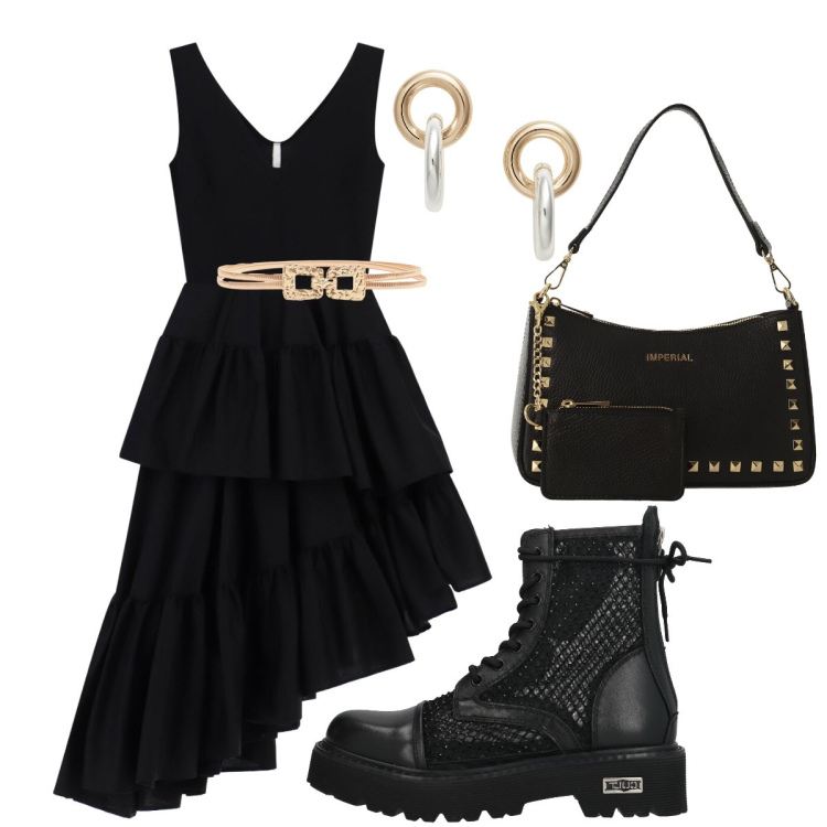 Outfit donna - Aperitivo nn convenzionale. Stile Glamour per Serata fuori. Abbinamento con anfibi, borse a spalla, vestiti midi/longuette, cinture, orecchini.