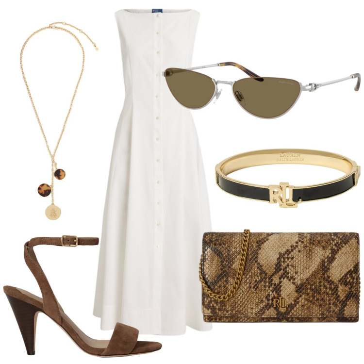 Outfit donna - Seratissima dedicata. Stile Glamour per Serata fuori. Abbinamento con braccialetti, borse a tracolla, collane, sandali in pelle, vestiti, occhiali da sole.