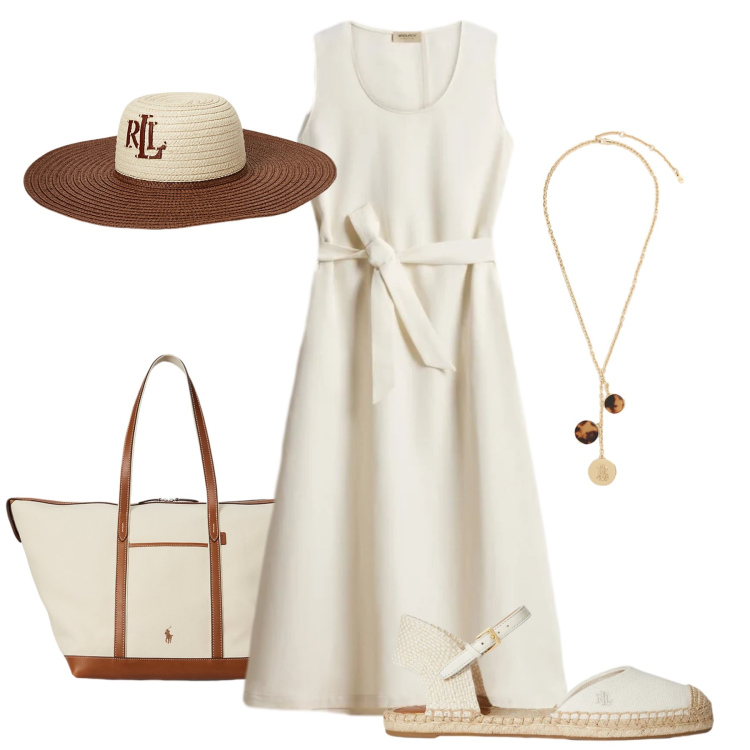 Outfit donna - Fresco lino sotto il sole. Stile Casual chic per Tutti i giorni. Abbinamento con vestiti midi/longuette, espadrillas, cappelli, borse tote, collane.