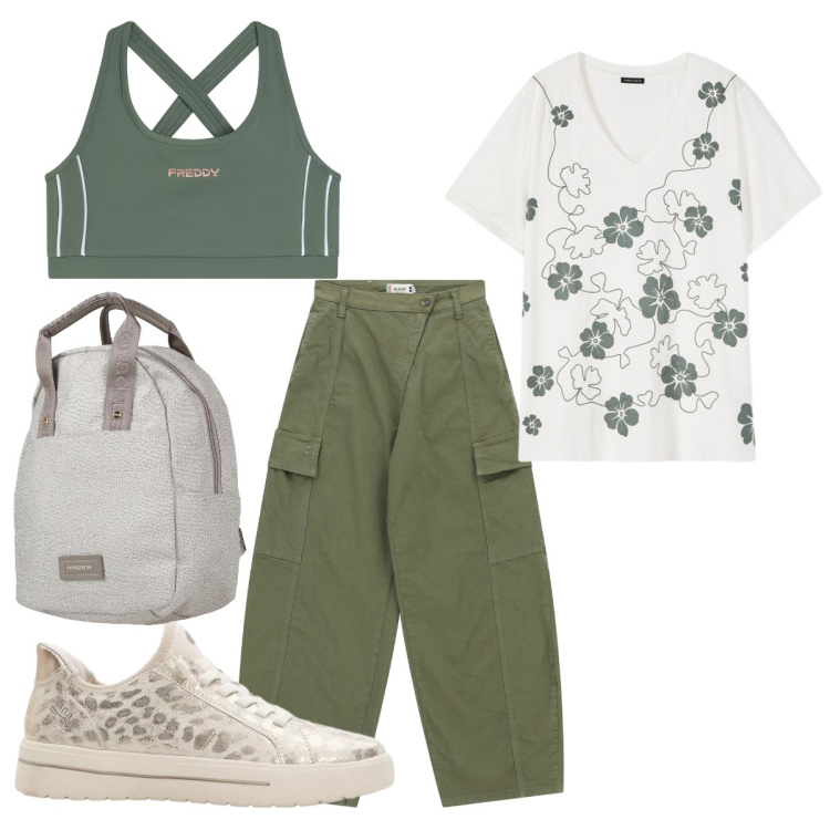 Outfit donna - Gita fuori porta. Stile Basic per Tutti i giorni. Abbinamento con zaini, sneakers, pantaloni cargo, top, t-shirt.