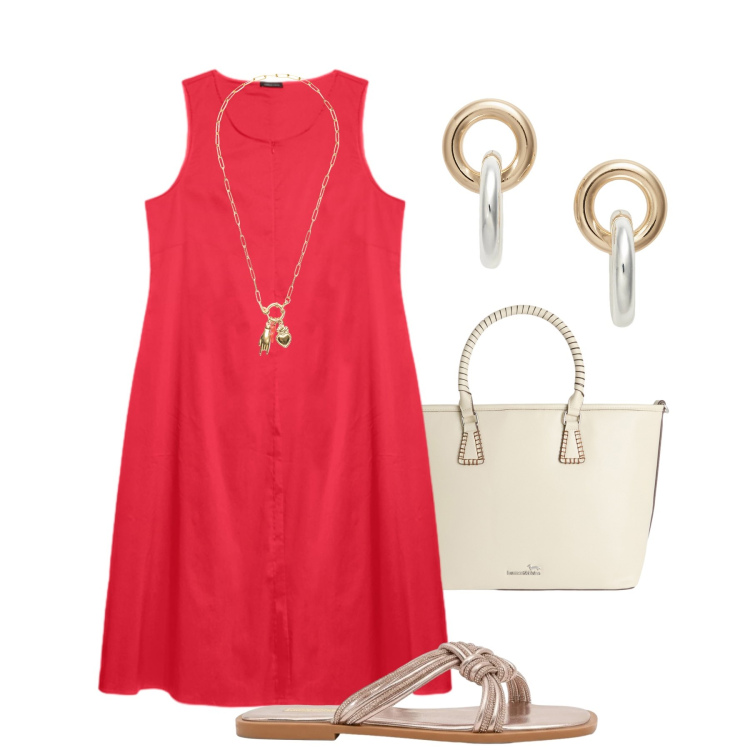 Outfit donna - Rosso di sera curve morbide. Stile Glamour per Serata fuori. Abbinamento con shopping bag, ciondoli, sandali, vestiti midi/longuette, orecchini.