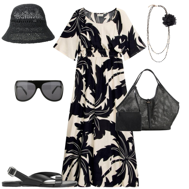Outfit donna - Casual chic in vacanza. Stile Casual chic per Mare. Abbinamento con vestiti lunghi, sandali, shopping bag, occhiali da sole, cappelli, collane.