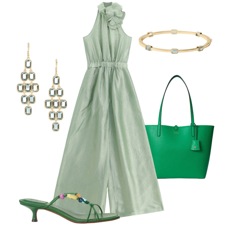 Outfit donna - Sfumature di verde curvy chic. Stile Chic per Serata fuori. Abbinamento con tute, sandali gioiello, braccialetti, orecchini, borse tote.