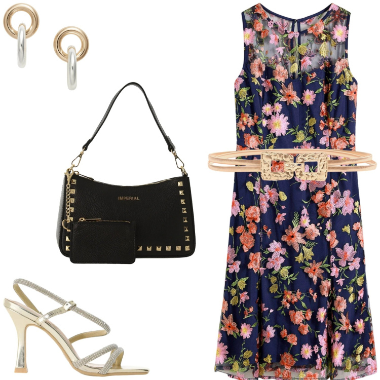 Outfit donna - Fiori tropicali. Stile Glamour per Serata fuori. Abbinamento con vestiti midi/longuette, borse a spalla, sandali col tacco, cinture, orecchini.