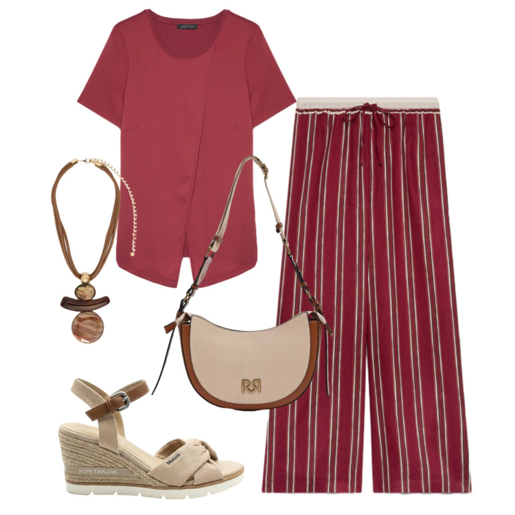 Outfit donna - Estate curvy daily. Stile Trendy per Tutti i giorni. Abbinamento con sandali col tacco, borse a tracolla, ciondoli, pantaloni, t-shirt.