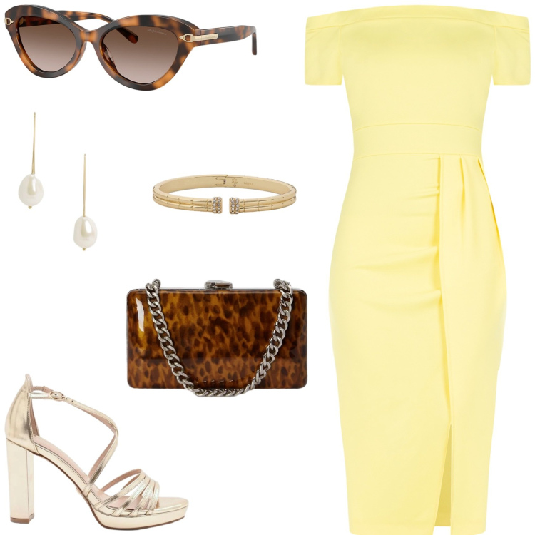 Outfit donna - Aperitivo d\'estate. Stile Glamour per Serata fuori. Abbinamento con vestiti asimmetrici, sandali col tacco, clutch, orecchini, braccialetti, occhiali da sole.