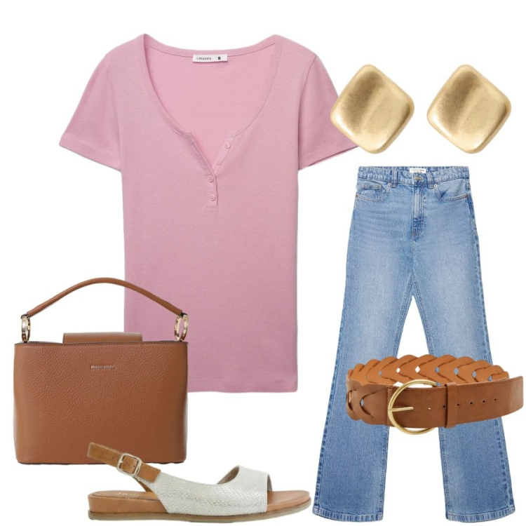 Outfit donna - Total look #2423485. Stile Casual chic per Tutti i giorni. Abbinamento con sandali, cinture, t-shirt, jeans bootcut, borse a secchiello, orecchini.