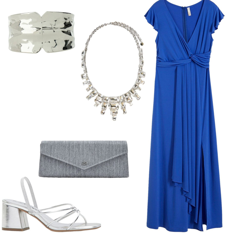 Outfit donna - Per una serata di giugno. Stile Glamour per Serata fuori. Abbinamento con vestiti lunghi, sandali col tacco, braccialetti, pochette, collane.