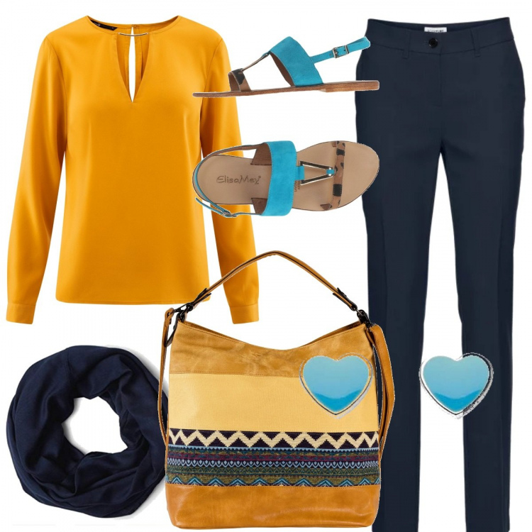 Outfit donna - Senape-Blu. Stile Etnico per Tutti i giorni. Abbinamento con pantaloni, shopping bag in denim giallo, sandali fantasia multicolore effetto scamosciato senza tacco con fibbia interno in pelle con punta tonda, camicetta a goccia giallo, orecchini a perno argento, sciarpa blu.