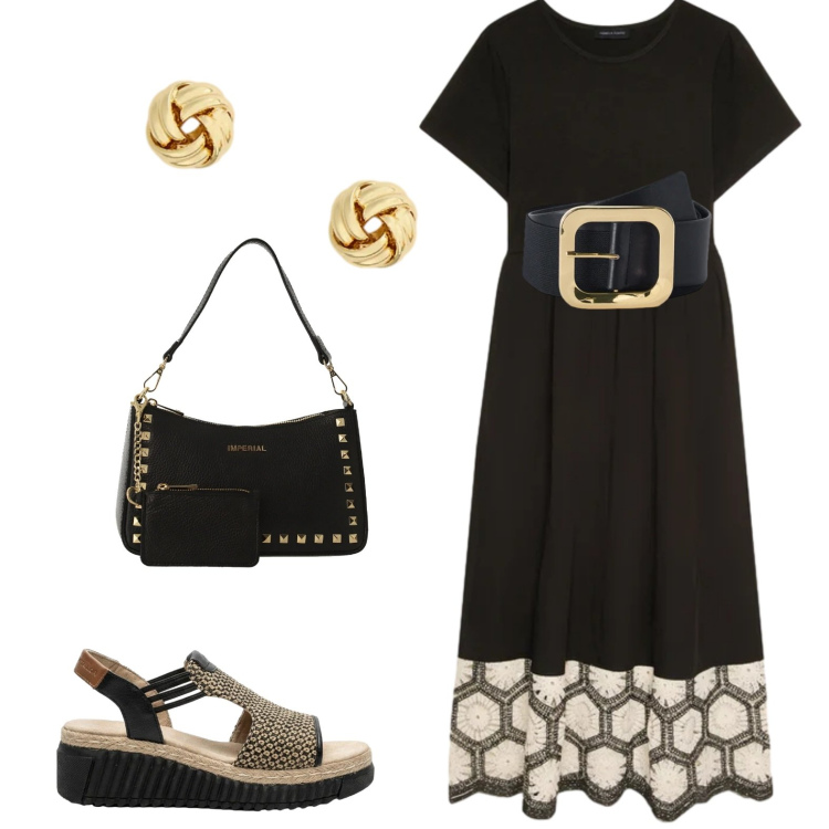 Outfit donna - Ufficio. Stile Casual per Ufficio. Abbinamento con sandali, borse a spalla, cinture, vestiti lunghi, orecchini.