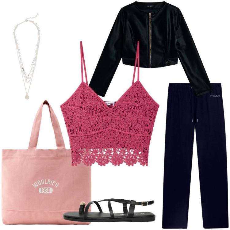 Outfit donna - Total look #2423493. Stile Casual chic per Tutti i giorni. Abbinamento con collane, top, sandali, blazer, pantaloni, borse tote.