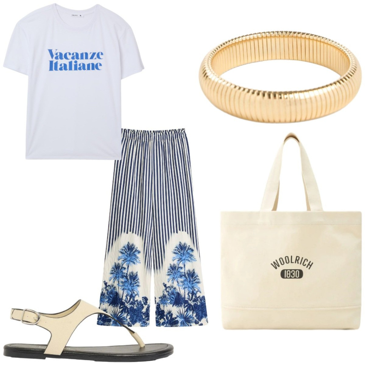 Outfit donna - Tropicale. Stile Casual chic per Tutti i giorni. Abbinamento con pantaloni a palazzo, braccialetti, infradito, t-shirt, borse tote.