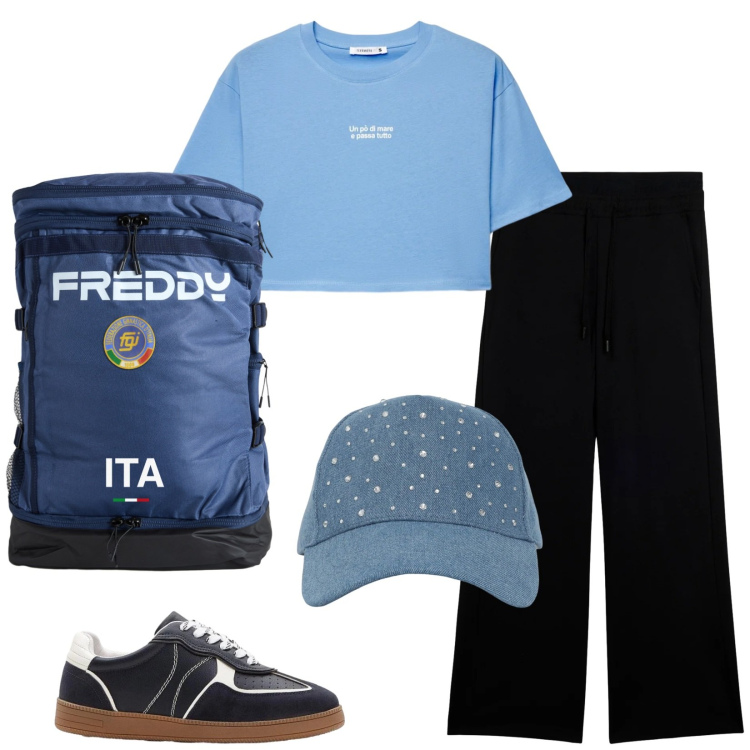 Outfit donna - Total look #2423497. Stile Sporty chic per Sport. Abbinamento con sneakers, t-shirt, cappelli, pantaloni, zaini.