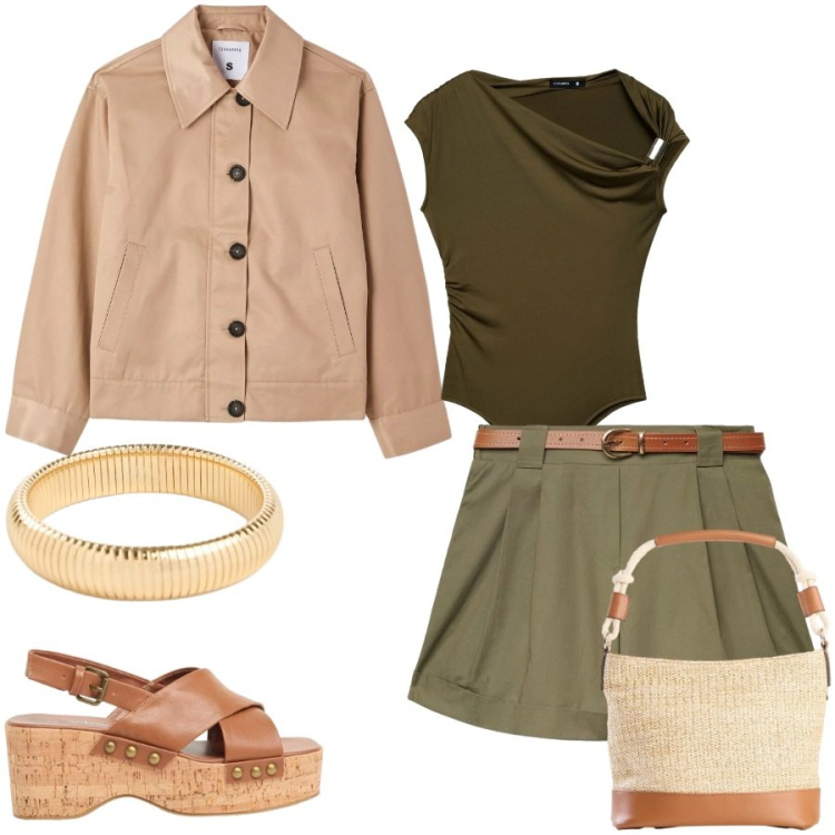 Outfit donna - Total look #2423498. Stile Casual chic per Tutti i giorni. Abbinamento con borse a secchiello, zeppe, braccialetti, top, shorts, cappotti.