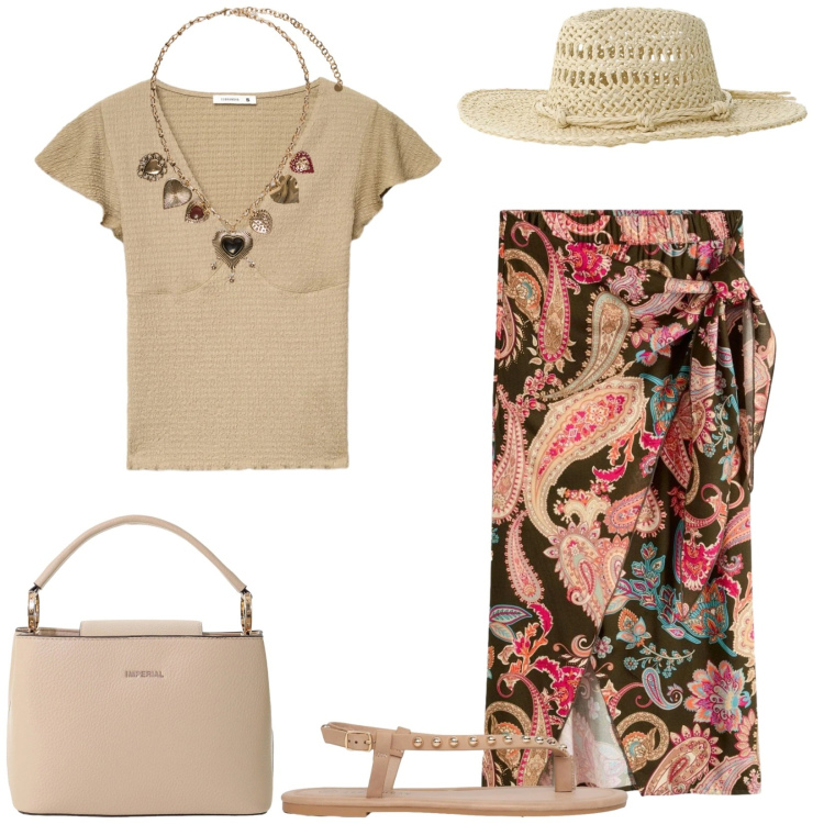 Outfit donna - Total look #2423499. Stile Casual chic per Tutti i giorni. Abbinamento con gonne longuette, t-shirt, ciabatte, borse a secchiello, cappelli, collane.
