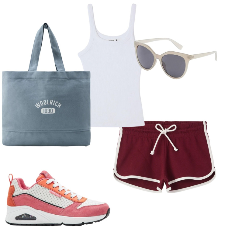 Outfit donna - Ginnastica mattutina. Stile Sporty chic per Mare. Abbinamento con sneakers, occhiali da sole, shorts, canottiere, borse tote.