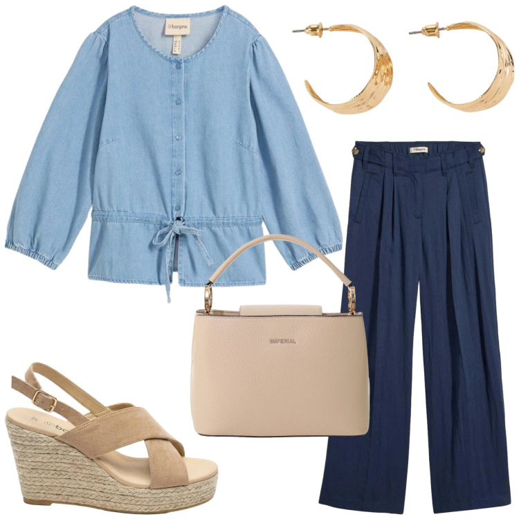 Outfit donna - Total look #2423509. Stile Basic per Tutti i giorni. Abbinamento con pantaloni, camicie, sandali col tacco, orecchini, borse a secchiello.