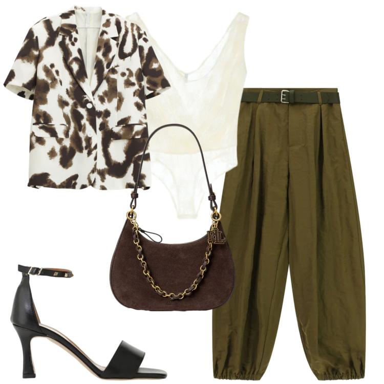 Outfit donna - Imperial. Stile Casual chic per Tutti i giorni. Abbinamento con top, blazer, pantaloni, sandali col tacco, borse a spalla.