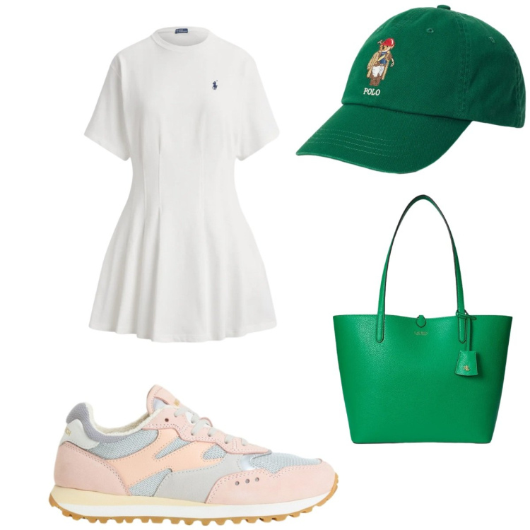 Outfit donna - Sporty chic. Stile Sporty chic per Tutti i giorni. Abbinamento con sneakers, cappelli con visiera, vestiti corti, borse tote.