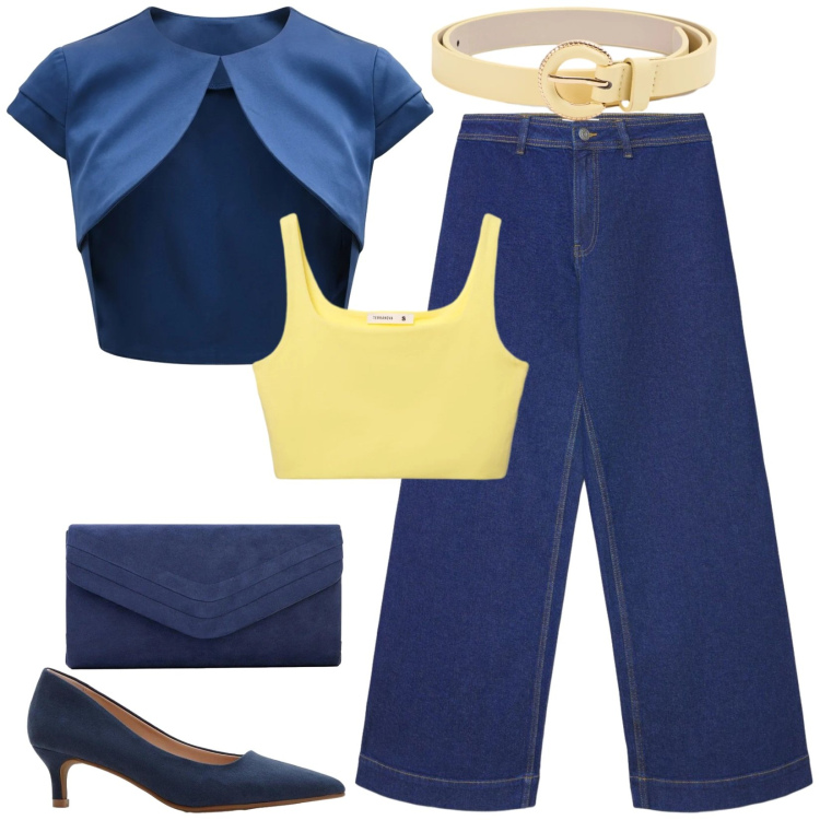 Outfit donna - Total look #2423512. Stile Chic per Serata fuori. Abbinamento con décolleté, clutch, jeans, cinture, canottiere, bolero.