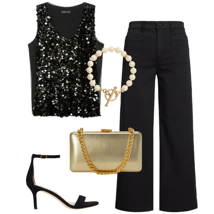 Outfit donna - Total look #2423514. Stile Glamour per Serata fuori. Abbinamento con top, sandali in pelle, collane, clutch, pantaloni.