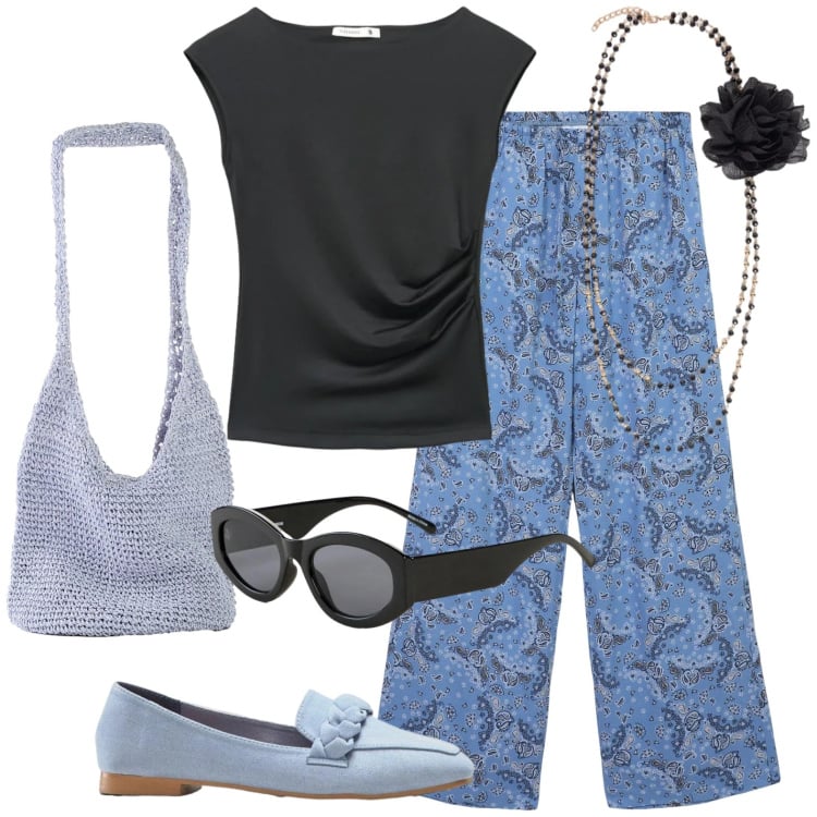 Outfit donna - aperitivo. Stile Casual per Serata fuori. Abbinamento con mocassini, shopping bag, occhiali da sole, pantaloni, top, collane.