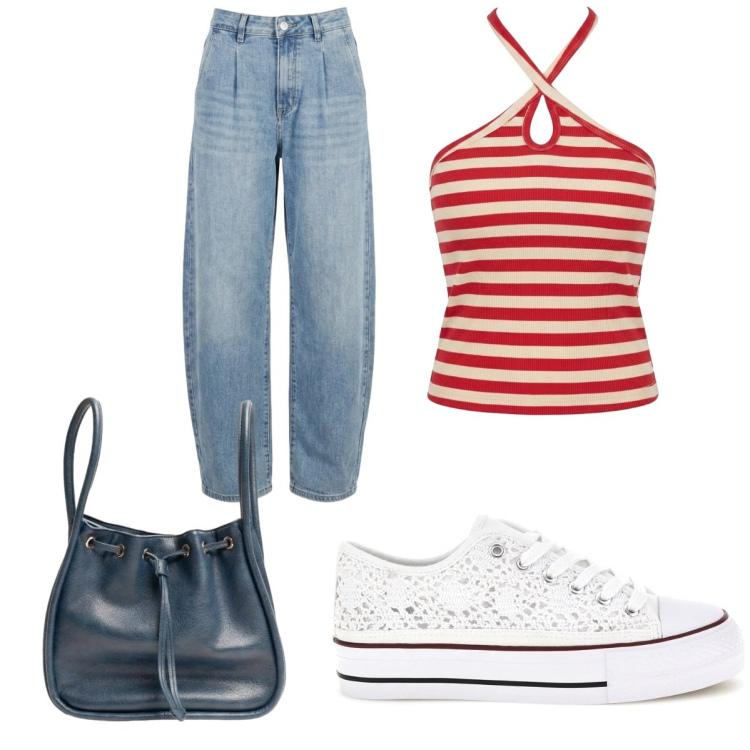 Outfit donna - Jeans e top. Stile Trendy per Tutti i giorni. Abbinamento con canottiere, jeans, borse a secchiello, sneakers.