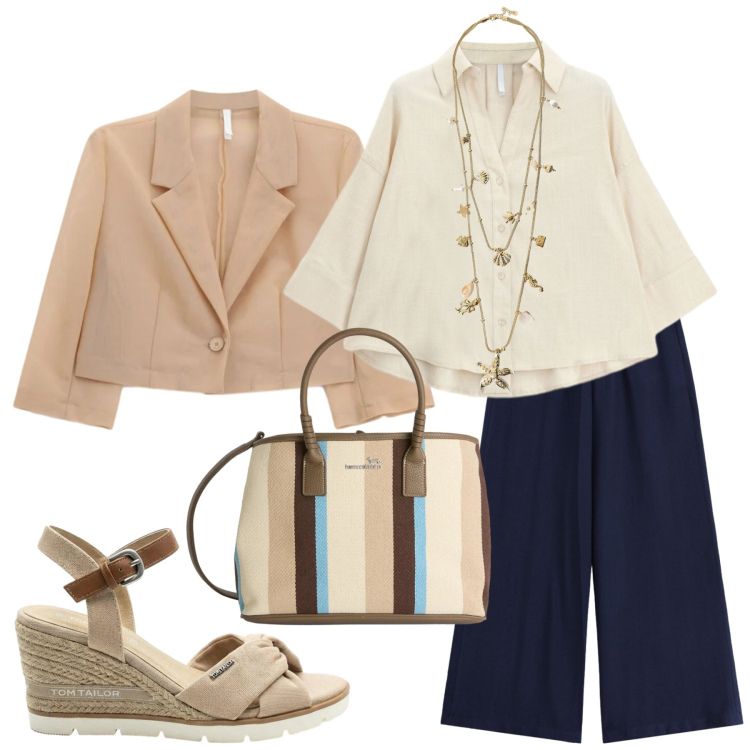 Outfit donna - Total look #2423519. Stile Minimal per Ufficio. Abbinamento con sandali col tacco, shopping bag, camicie, pantaloni, blazer, collane.