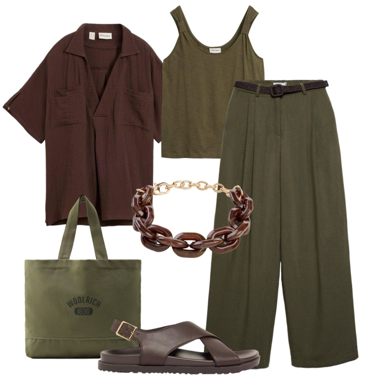 Outfit donna - Stile naturale in città. Stile Urban per Tutti i giorni. Abbinamento con braccialetti, sandali in pelle, canottiere, tuniche, pantaloni, borse tote.