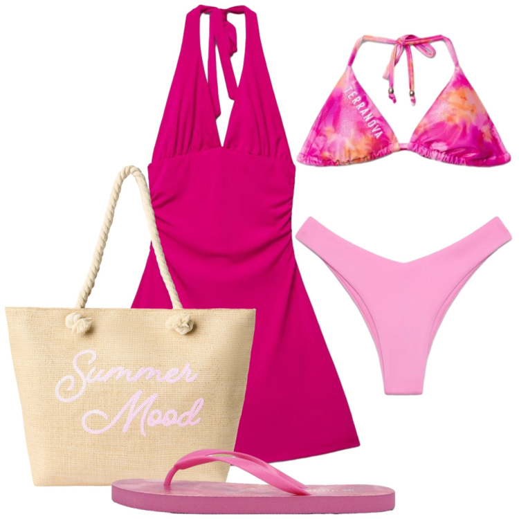 Outfit donna - Il mare ci aspetta. Stile Casual per Mare. Abbinamento con vestiti corti, borse tote, bikini, bikini, infradito.