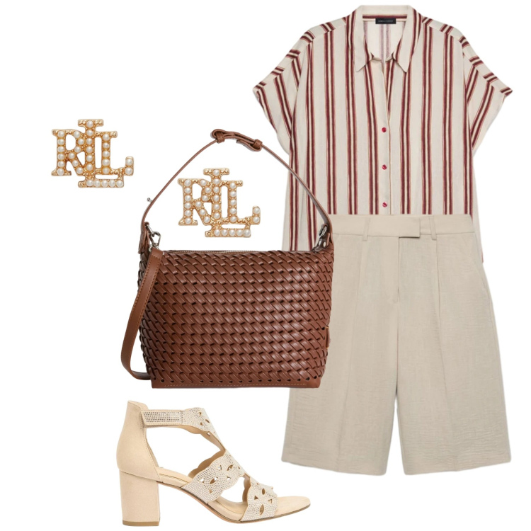 Outfit donna - In bermuda. Stile Bon Ton per Ufficio. Abbinamento con sandali col tacco, bermuda, borse a spalla, camicie a manica corta, orecchini.