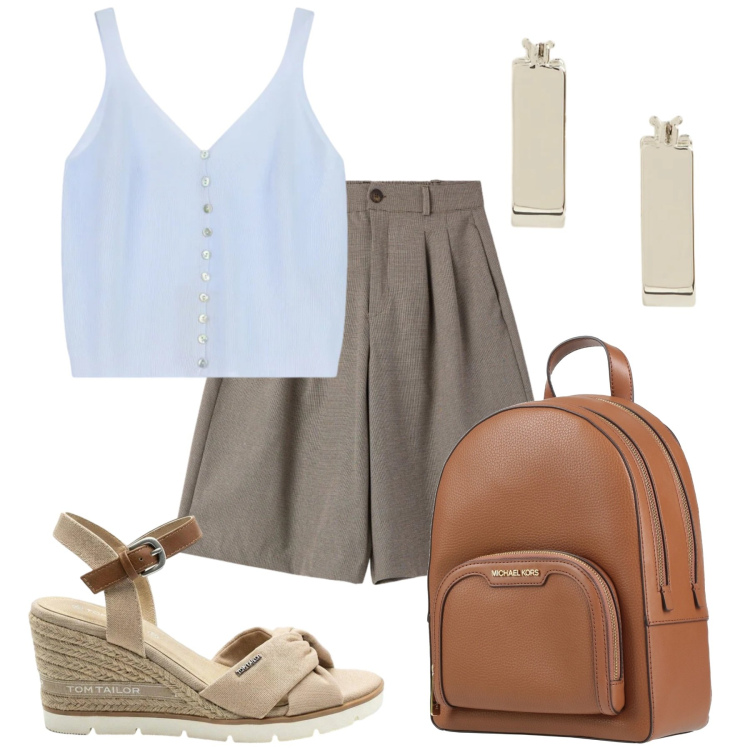 Outfit donna - Bermuda. Stile Casual chic per Tutti i giorni. Abbinamento con zaini, sandali col tacco, bermuda, top, orecchini.