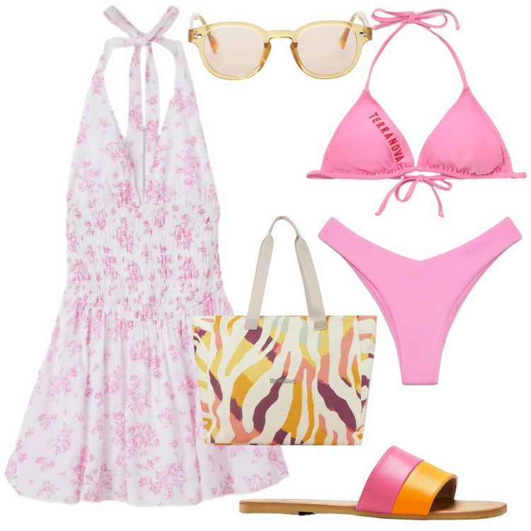 Outfit donna - Mare. Stile Casual per Mare. Abbinamento con ciabatte, vestiti, bikini, bikini, occhiali da sole, shopping bag.
