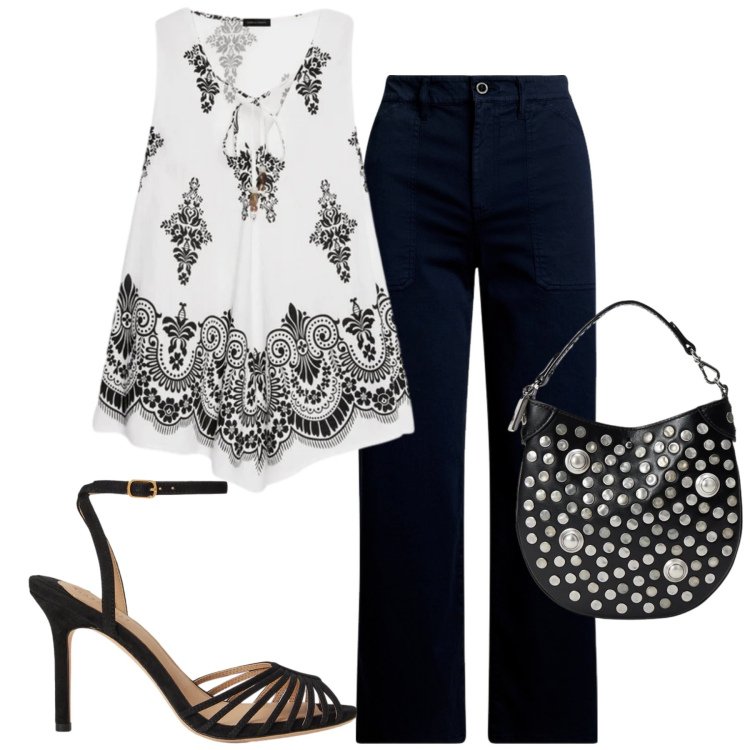 Outfit donna - Serata al top. Stile Chic per Serata fuori. Abbinamento con canottiere, pantaloni, sandali col tacco, borse a mano.