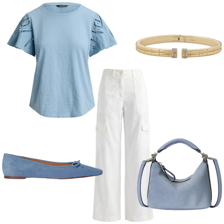Outfit donna - Total look #2423533. Stile Basic per Ufficio. Abbinamento con pantaloni cargo, ballerine, borse a spalla, braccialetti, t-shirt.