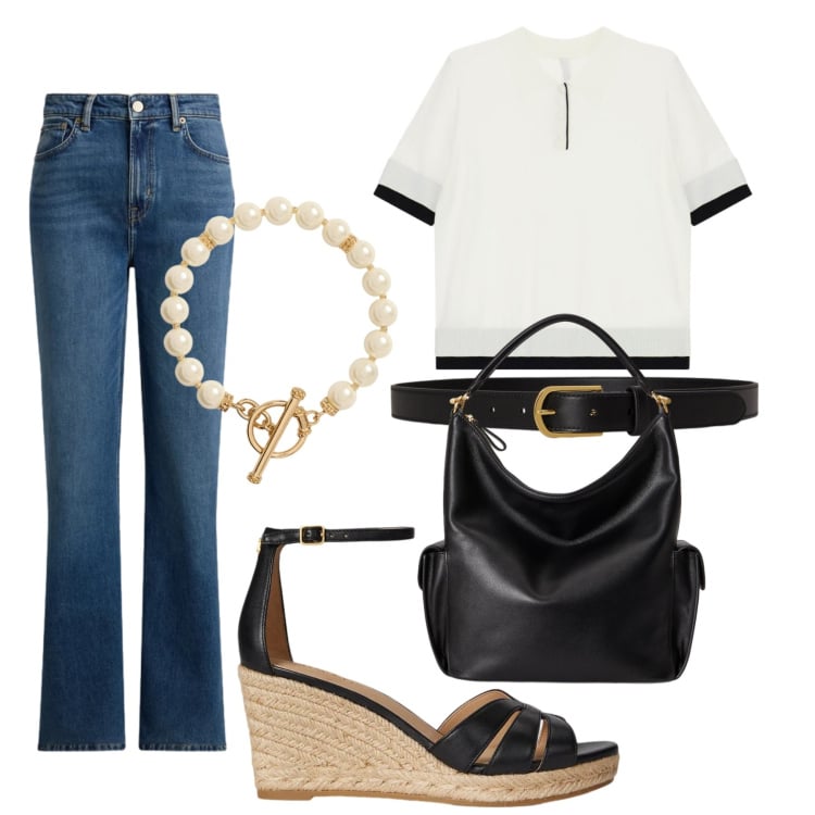 Outfit donna - Total look #2423534. Stile Casual chic per Serata fuori. Abbinamento con polo, borse a spalla, collane, zeppe, jeans dritti, cinture.