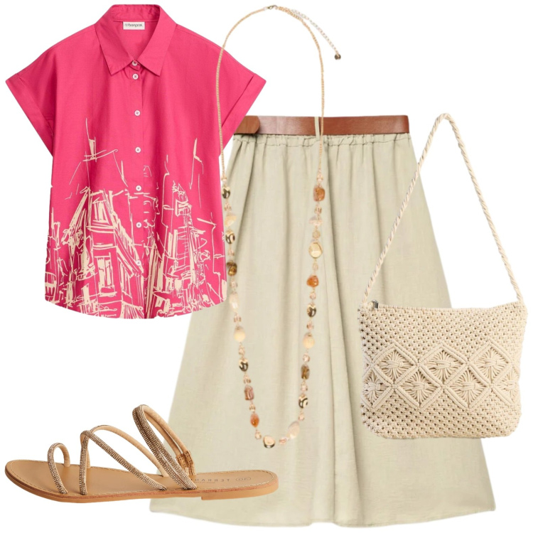 Outfit donna - City. Stile Casual per Tutti i giorni. Abbinamento con borse a tracolla, camicie a manica corta, sandali, gonne lunghe, collane.