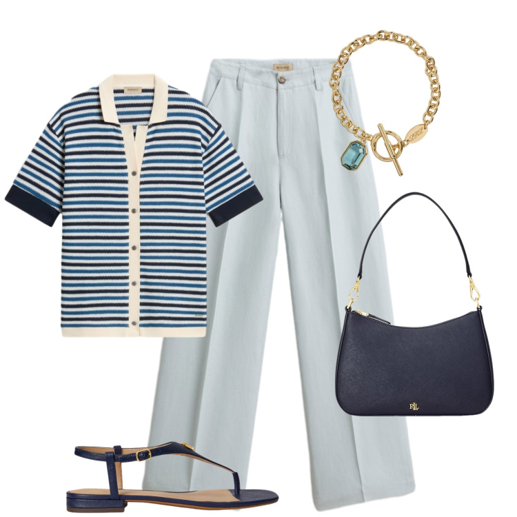 Outfit donna - Lino acquamarina in ufficio. Stile Glamour per Ufficio. Abbinamento con pantaloni, camicie a manica corta, borse a spalla, braccialetti, sandali in pelle.