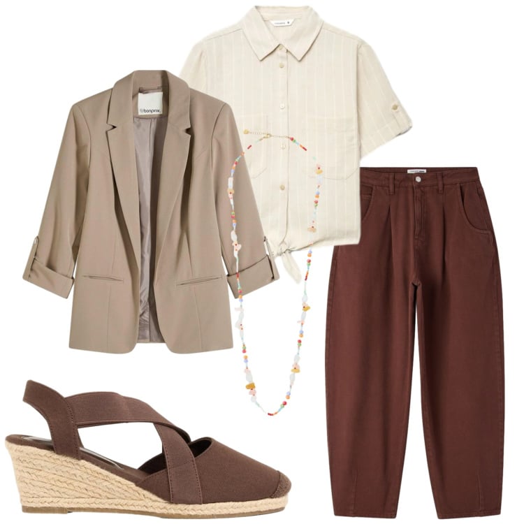 Outfit donna - Total look #2423543. Stile Basic per Ufficio. Abbinamento con blazer, zeppe, pantaloni, camicie a manica corta, collane.